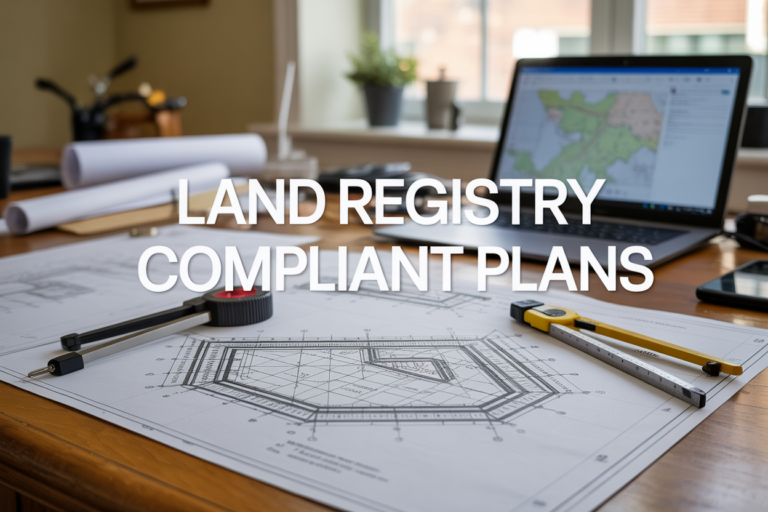Professional Land Registry compliant plans for a London extension, featuring red-edged boundaries and metric scales on an OAS architect's desk.