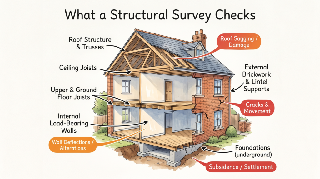 diagram showing what a structural survey checks in a house