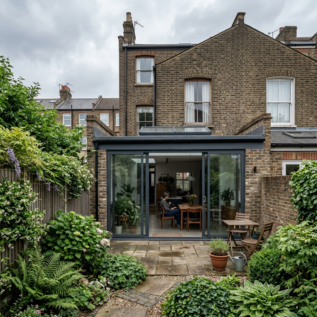 Example of a Householder Planning Application London project featuring a contemporary glazed rear extension on a Victorian brick terrace house with garden patio.