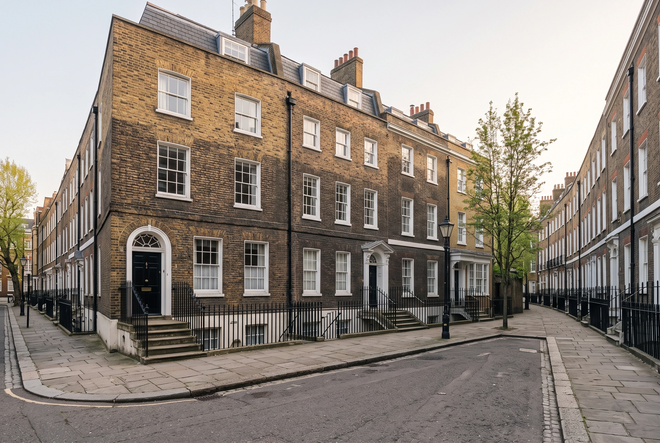 Natural wide-angle photograph of a quiet Georgian street in London with historic brick terraced houses featuring sash windows, arched doorways, and wrought-iron railings in soft, early morning light, devoid of people and vehicles.