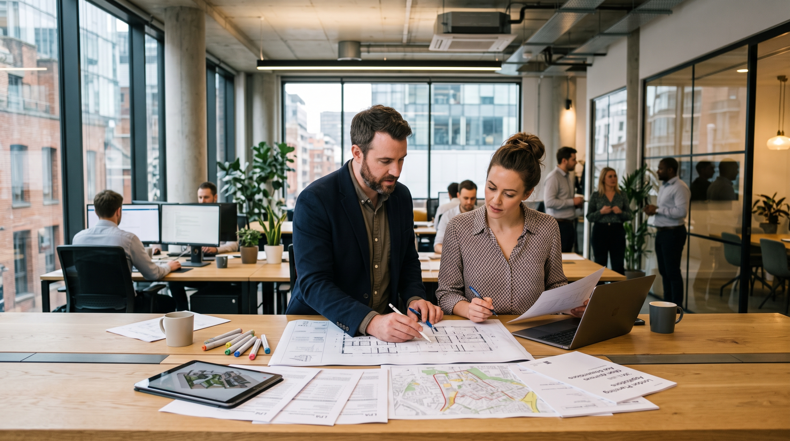 Architect planning application review with floor plans and digital drawings