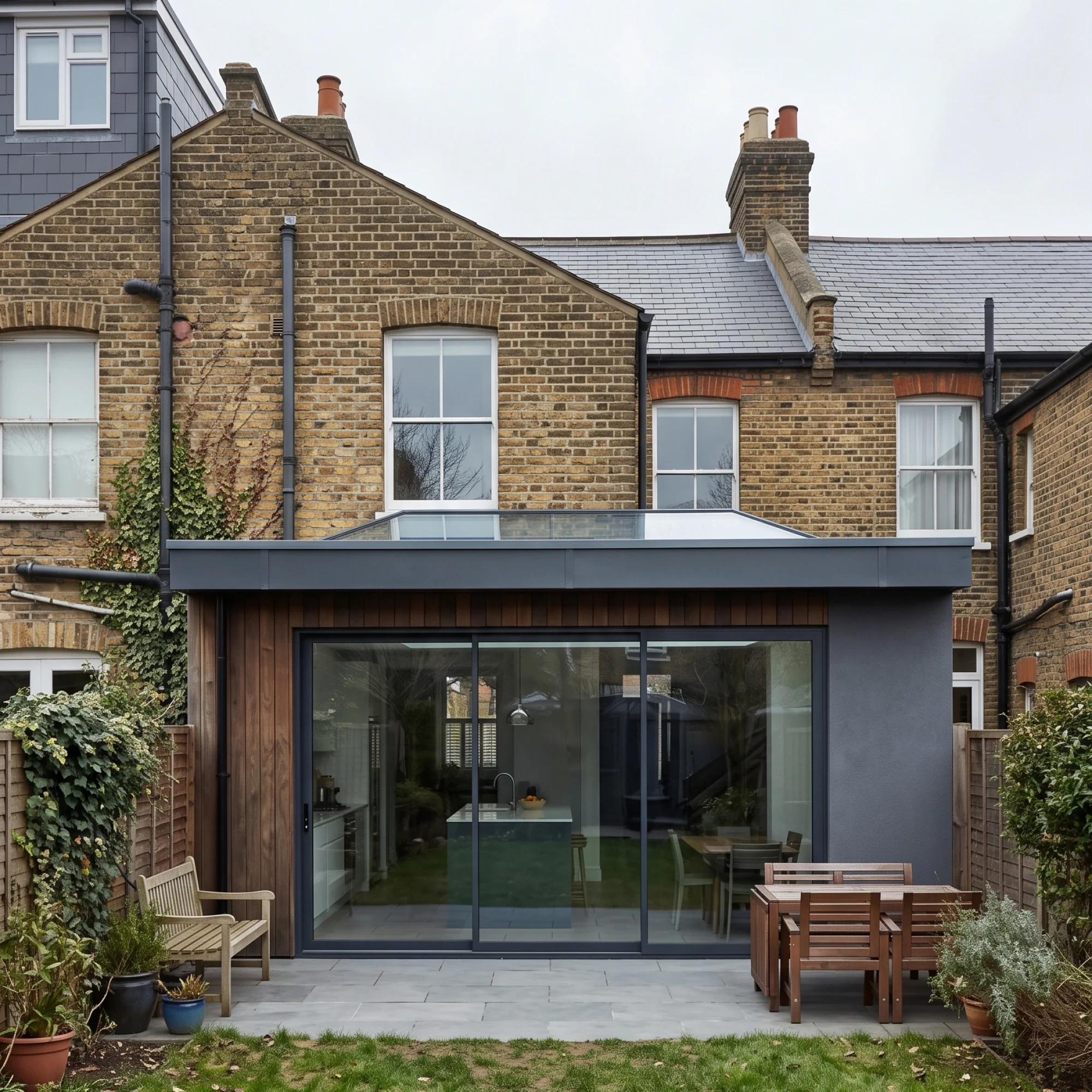 Rear elevation of a brick London terraced house with a modern single-storey extension and sliding glass doors, built under a certificate of lawfulness London, opening onto a paved patio and garden